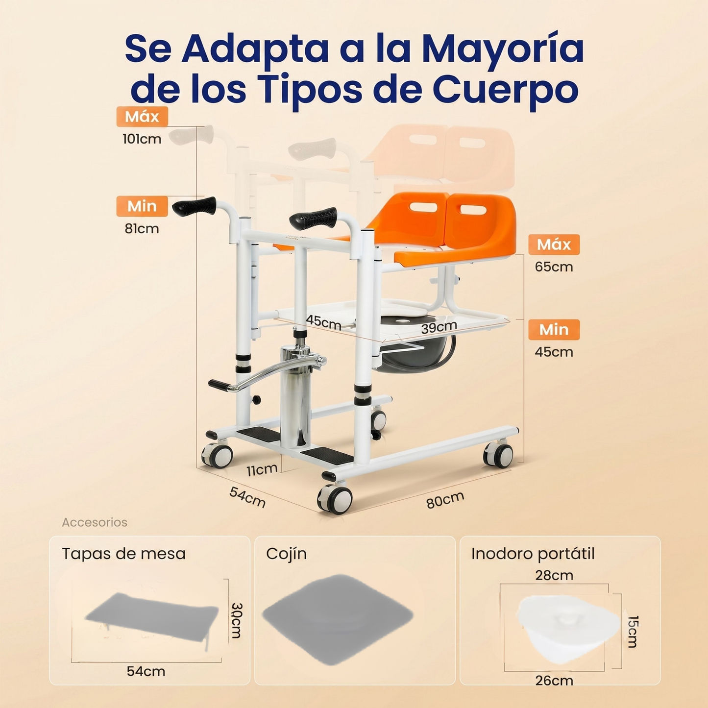 Silla de Transferencia SDT-1 Ajustable con Ruedas y Apertura 180°
